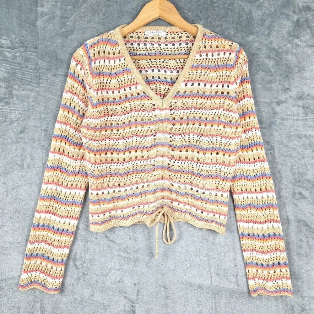 Womens Sweater Medium Boho Crochet Knit Cottagecore Indie Striped Tie Front Crop